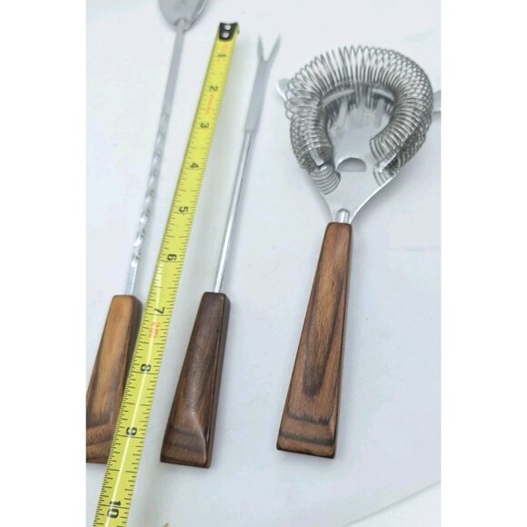 MCM 3 Barware strainer, Stirrer & fork pick faux wood handle bakelite? metal - Picture 9 of 15